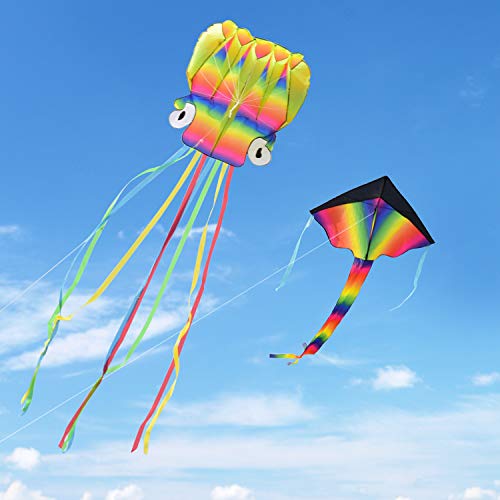 Kupton 2 Pack Kites Kit, 5M Large Octopus Kite and Rainbow Delta K...