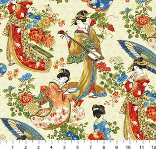 Kyoto Garden Asian Design On White Cotton Fabric Northcott 23272-11
