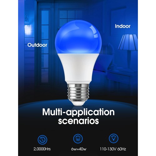 L LOHAS LED Blue Light Bulbs Outdoor, Dusk to Dawn Sensor A19 Blue Porch Lights 40W Equivalent, 6W Colored Light Bulb, Auto-On/Off E26 Base for Christmas Party Wedding Patio Backyard, 4 Pack