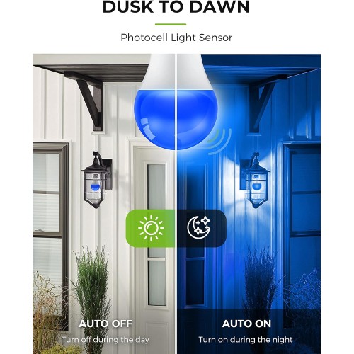 L LOHAS LED Blue Light Bulbs Outdoor, Dusk to Dawn Sensor A19 Blue Porch Lights 40W Equivalent, 6W Colored Light Bulb, Auto-On/Off E26 Base for Christmas Party Wedding Patio Backyard, 4 Pack