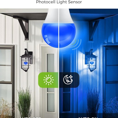 L LOHAS LED Blue Light Bulbs Outdoor, Dusk to Dawn Sensor A19 Blue Porch Lights 40W Equivalent, 6W Colored Light Bulb, Auto-On/Off E26 Base for Christmas Party Wedding Patio Backyard, 4 Pack