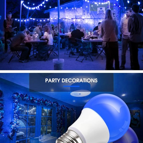 L LOHAS LED Blue Light Bulbs Outdoor, Dusk to Dawn Sensor A19 Blue Porch Lights 40W Equivalent, 6W Colored Light Bulb, Auto-On/Off E26 Base for Christmas Party Wedding Patio Backyard, 4 Pack