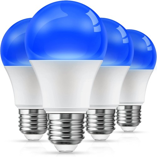 L LOHAS LED Blue Light Bulbs Outdoor, Dusk to Dawn Sensor A19 Blue Porch Lights 40W Equivalent, 6W Colored Light Bulb, Auto-On/Off E26 Base for Christmas Party Wedding Patio Backyard, 4 Pack