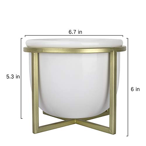 Ceramic Flower Plant Pot with Stand - 6.7 Inch White Indoor Plante...
