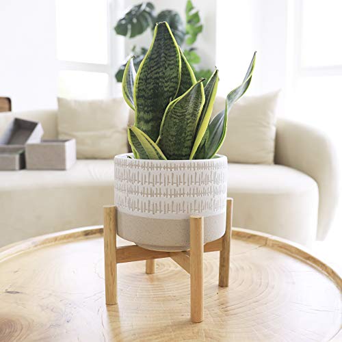 Ceramic Plant Pot with Stand - 7.3 Inch Boho Style Decorative Cyli...