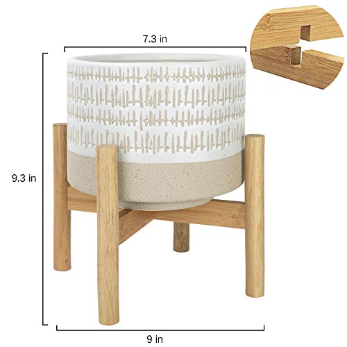 Ceramic Plant Pot with Stand - 7.3 Inch Boho Style Decorative Cyli...