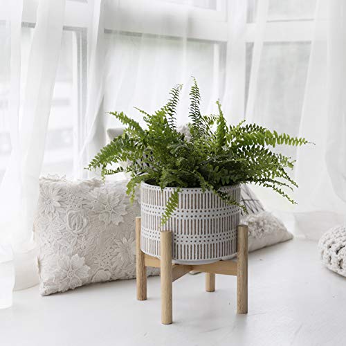 Ceramic Plant Pot with Wood Stand - 7.3 Inch Modern Round Decorati...