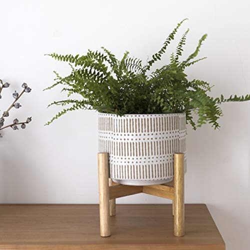 Ceramic Plant Pot with Wood Stand - 7.3 Inch Modern Round Decorati...