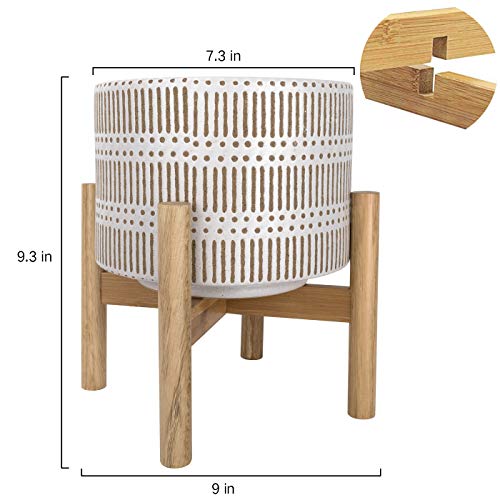 Ceramic Plant Pot with Wood Stand - 7.3 Inch Modern Round Decorati...
