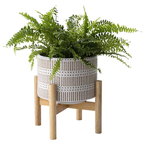 Ceramic Plant Pot with Wood Stand - 7.3 Inch Modern Round Decorati...