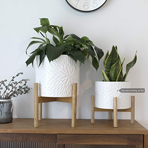 Ceramic Plant Pot with Wood Stand - 8 Inch White Cylinder Floral P...