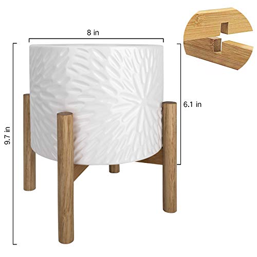 Ceramic Plant Pot with Wood Stand - 8 Inch White Cylinder Floral P...