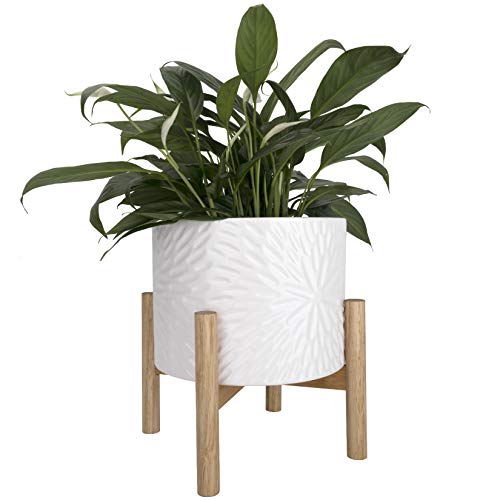 Ceramic Plant Pot with Wood Stand - 8 Inch White Cylinder Floral P...
