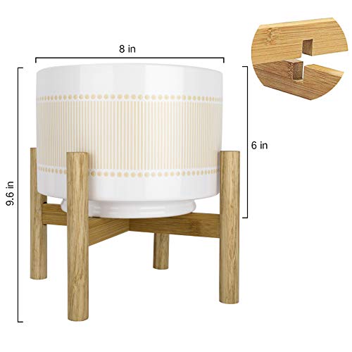 Ceramic Planter with Wood Stand - 8 Inch Boho Dot-Line Pattern Cyl...