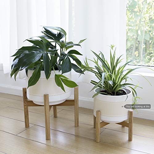 Ceramic Planter with Wood Stand - 8 Inch Boho Dot-Line Pattern Cyl...
