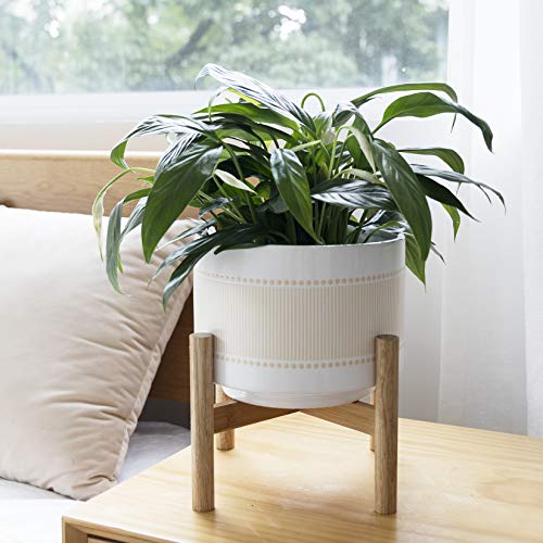 Ceramic Planter with Wood Stand - 8 Inch Boho Dot-Line Pattern Cyl...