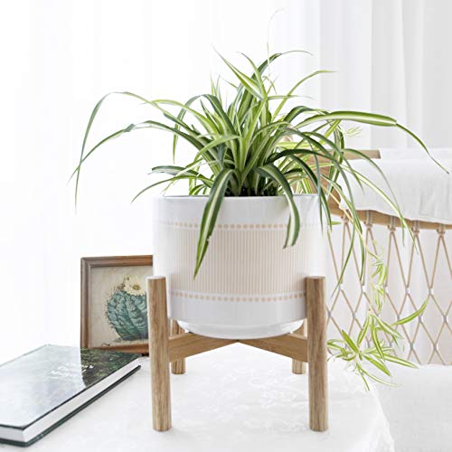 Ceramic Planter with Wood Stand - 8 Inch Boho Dot-Line Pattern Cyl...