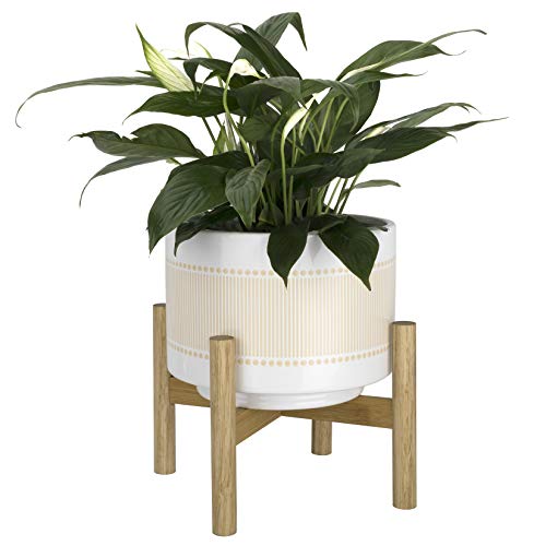 Ceramic Planter with Wood Stand - 8 Inch Boho Dot-Line Pattern Cyl...