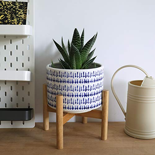 LA JOLIE MUSE Ceramic Plant Pot with Wood Stand - 7.3 Inch Modern ...