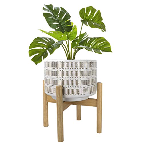 Large Ceramic Plant Pot with Stand - 9.4 Inch Boho Cylinder Indoor...