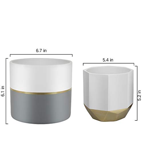 White Ceramic Flower Pot Garden Planters 6.7 + 5.4 Inch Indoor, Pl...