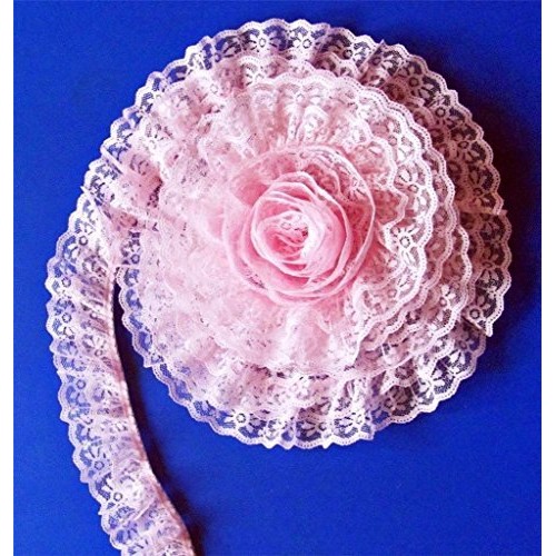 2 Inch PINK DOUBLE Ruffle Candlewick Lace Trim Crafts Sewing Fabri...