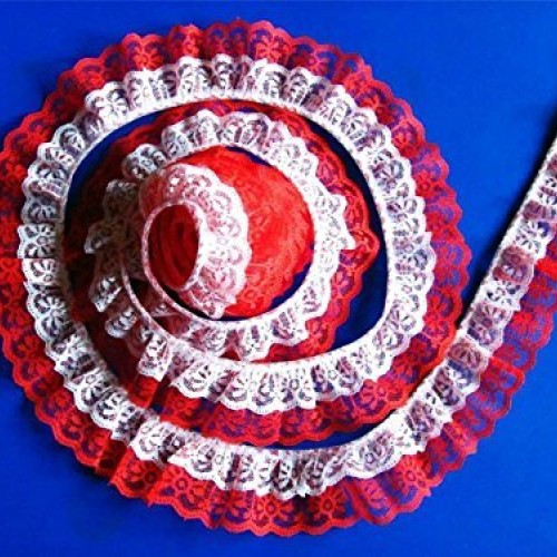 2 inches Width Lace Trim White on Red DOUBLE Ruffle Candlewick Lac...