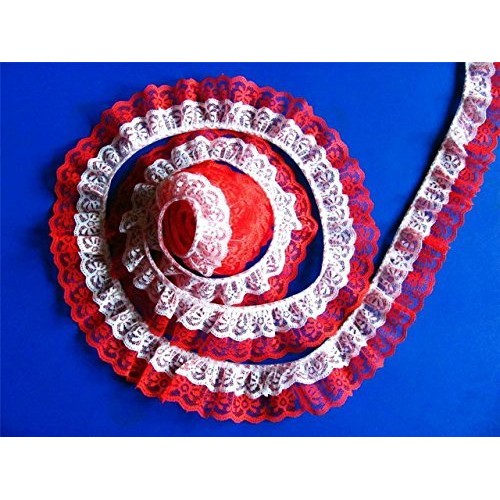 2 inches Width Lace Trim White on Red DOUBLE Ruffle Candlewick Lac...