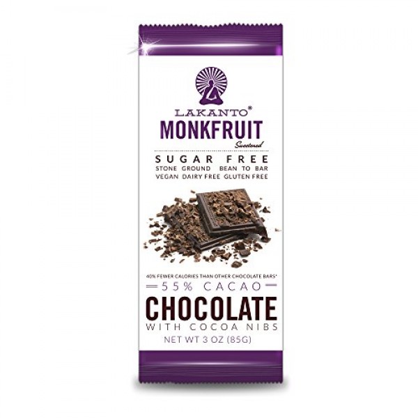 Lakanto Sugar Free 55% Cacao Chocolate Bar Nibs, 3 Ounce 8 Pack