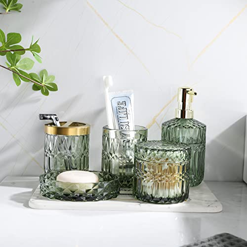LaMarriti 5Pcs Green Glass Bathroom Accessory Complete Set, Lotion...