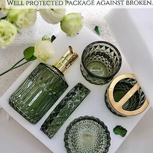 LaMarriti 5Pcs Green Glass Bathroom Accessory Complete Set, Lotion...