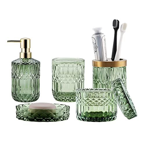 LaMarriti 5Pcs Green Glass Bathroom Accessory Complete Set, Lotion...