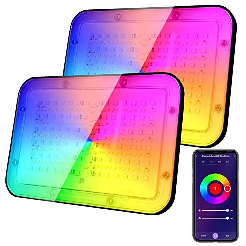 2 Pack 500W Equivalent RGB Smart LED Flood Light, LaMuVi 50W Bluet...