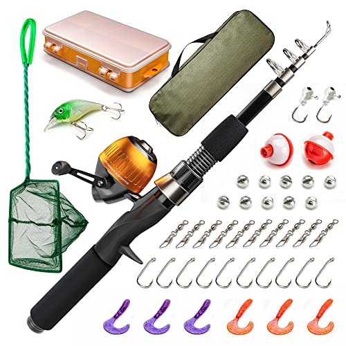 Lanaak Kids Fishing Pole and Tackle Box - with Net, Travel Bag, Re...