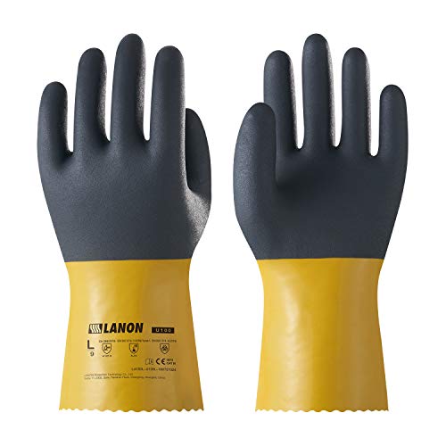 LANON PVC Coated Chemical Resistant Gloves, Reusable Heavy Duty Sa...
