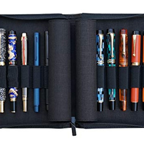 10 Slots Fountain Pen Case Black, Waterproof Canvas Pen Holder Dis...