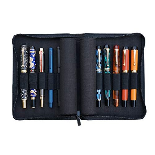 10 Slots Fountain Pen Case Black, Waterproof Canvas Pen Holder Dis...