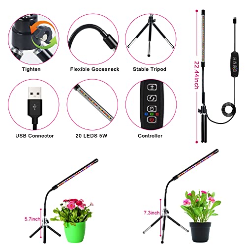 Ldmhlho LED Plant Lights with Small Tripod, Full Spectrum 20 LEDs ...