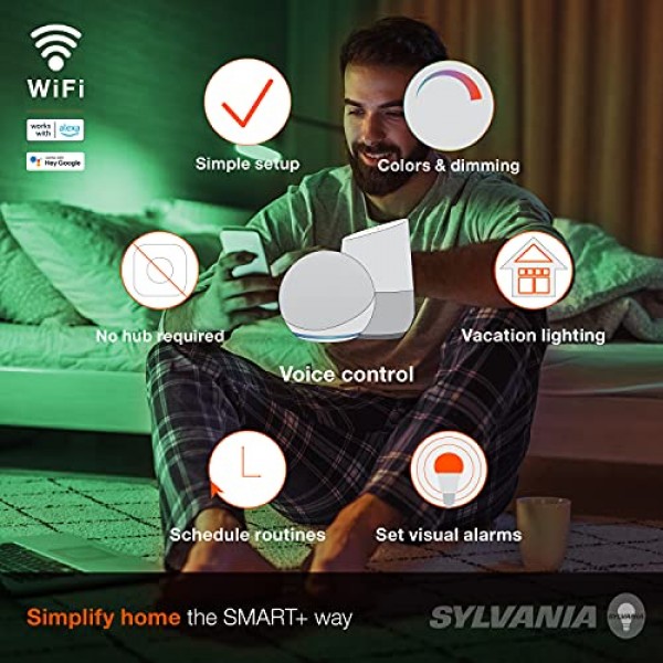 SYLVANIA Wifi LED Smart Light Bulb, 60W Equivalent Full Color and ...