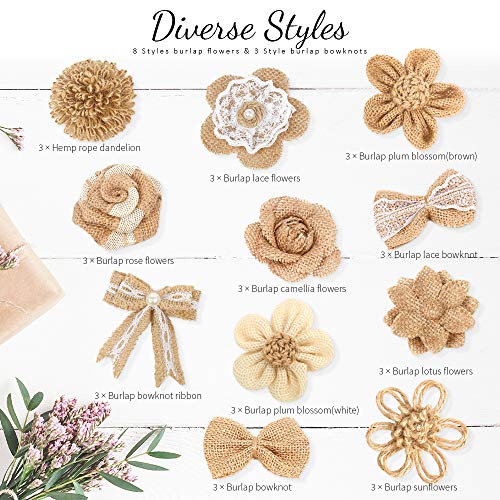 LEOBRO 33PCS Handmade Burlap Flowers Set, 8 Styles Natural Rustic ...