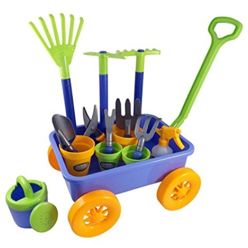 Garden Wagon & Tools Toy Set for Kids with 8 Gardening Tools, 4 Po...