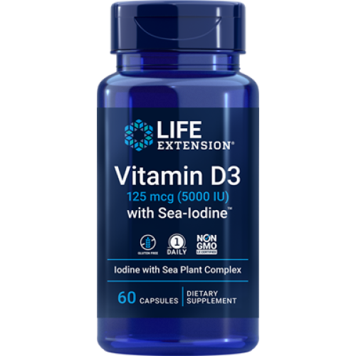 Life Extension Vitamin D3 with Sea-Iodine, 125 mcg 5000 IU, 60 capsules