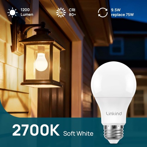 Linkind Dusk to Dawn Light Bulbs Outdoor, A19 Sensor Led Bulbs Automatic On/Off, 9.5W led Light Bulbs, 75 Watt Equivalent, 1200 Lumen, E26 Base, ETL&FCC Listed, 2700K Soft White, 4 Pack