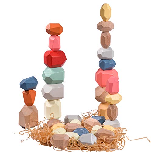 36 Pcs Wooden Stone Blocks - Colorful Balance Weights, Stacking To...