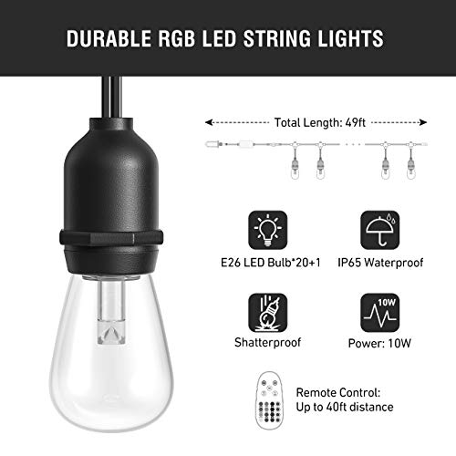 LITOM LED Outdoor String Lights, 48FT RGB 13 Colors Changing with ...
