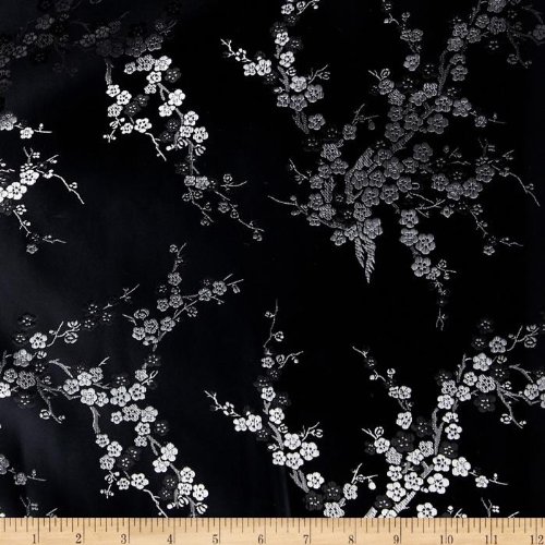 Black & Silver Cherry Blossom Dogwood Faux Silk Shantung Fabric by...