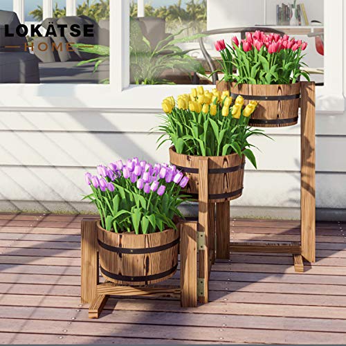 LOKATSE HOME Outdoor Wooden Planter Barrel 3 Tier Patio Flower Pot...