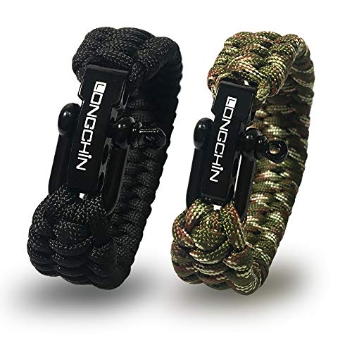 Longchin Survival Paracord Bracelet 2-Pack Black & Camouflage