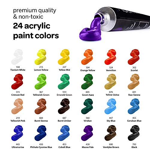 Loomini Acrylic Paint Brush Set with 24 Acrylic Paint Set 12ml Hea...