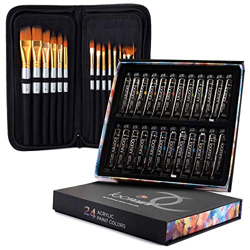 Loomini Acrylic Paint Brush Set with 24 Acrylic Paint Set 12ml Hea...